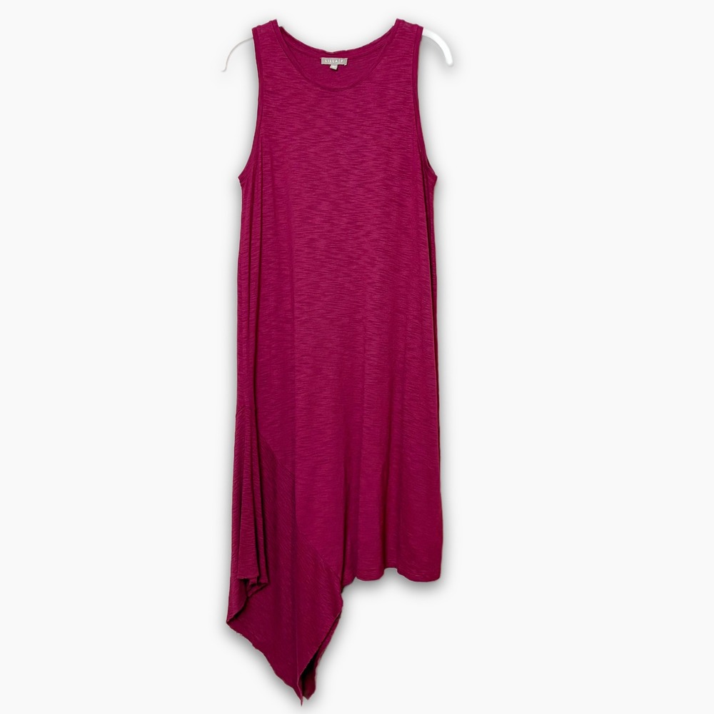Lilla P Rib Trim Flame Modal Dress Midi Magenta Sleeveless Tank Handkerchief Hem
